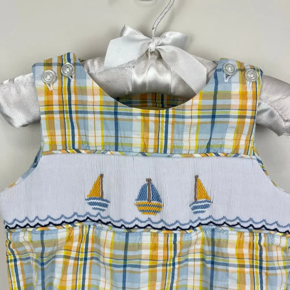 Le'ZaMe Smocked Plaid Sailboat Sunsuit Romper 6 Months
